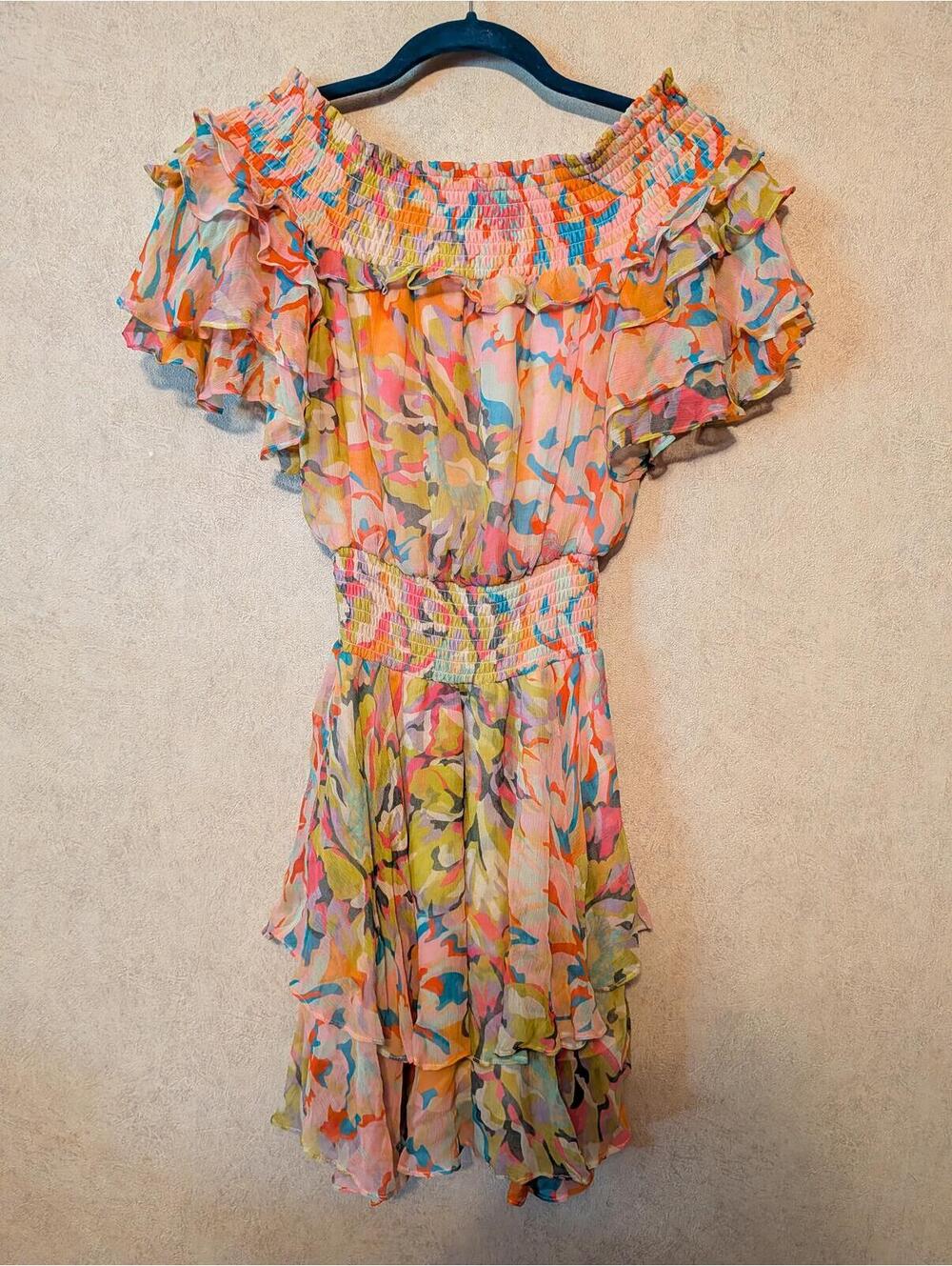 GILNER FARRAR pink watercolor off the shoulder waterfall skirt mini dress sz S